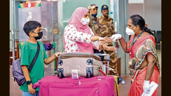 International passengers being screened at the airport following detection of a monkeypox case in Kerala, Chennai, July 16, 2022 (PTI)