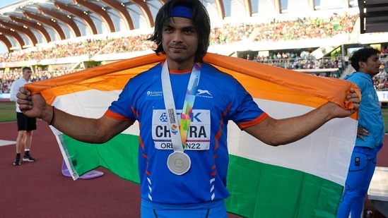 Silver medalist Neeraj Chopra, of India, celebrates after the men's javelin throw final at the World Athletics Championships on Saturday.(AP)