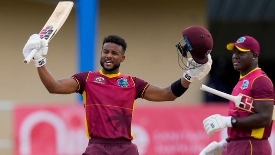 West Indies' Shai Hope celebrates after he scored a century against India during the second ODI&nbsp;(AP)