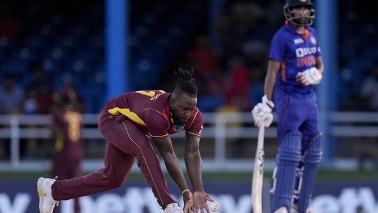 West Indies' Kyle Mayers&nbsp;fields during the second ODI cricket match against India at Queen's Park Oval(AP)