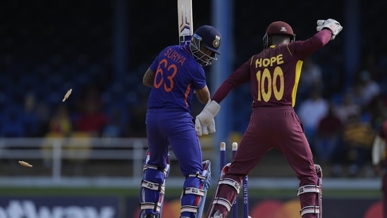 West Indies' Shai Hope celebrates the dismissal of India's Suryakumar Yadav during the second ODI(AP)