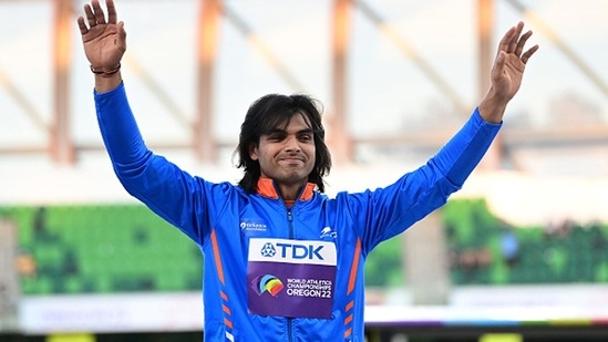 Silver medalist Neeraj Chopra of India during the medal ceremony.&nbsp;(Getty)