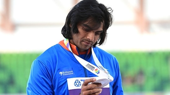 Neeraj Chopra of India poses with the silver medal.&nbsp;(Getty)