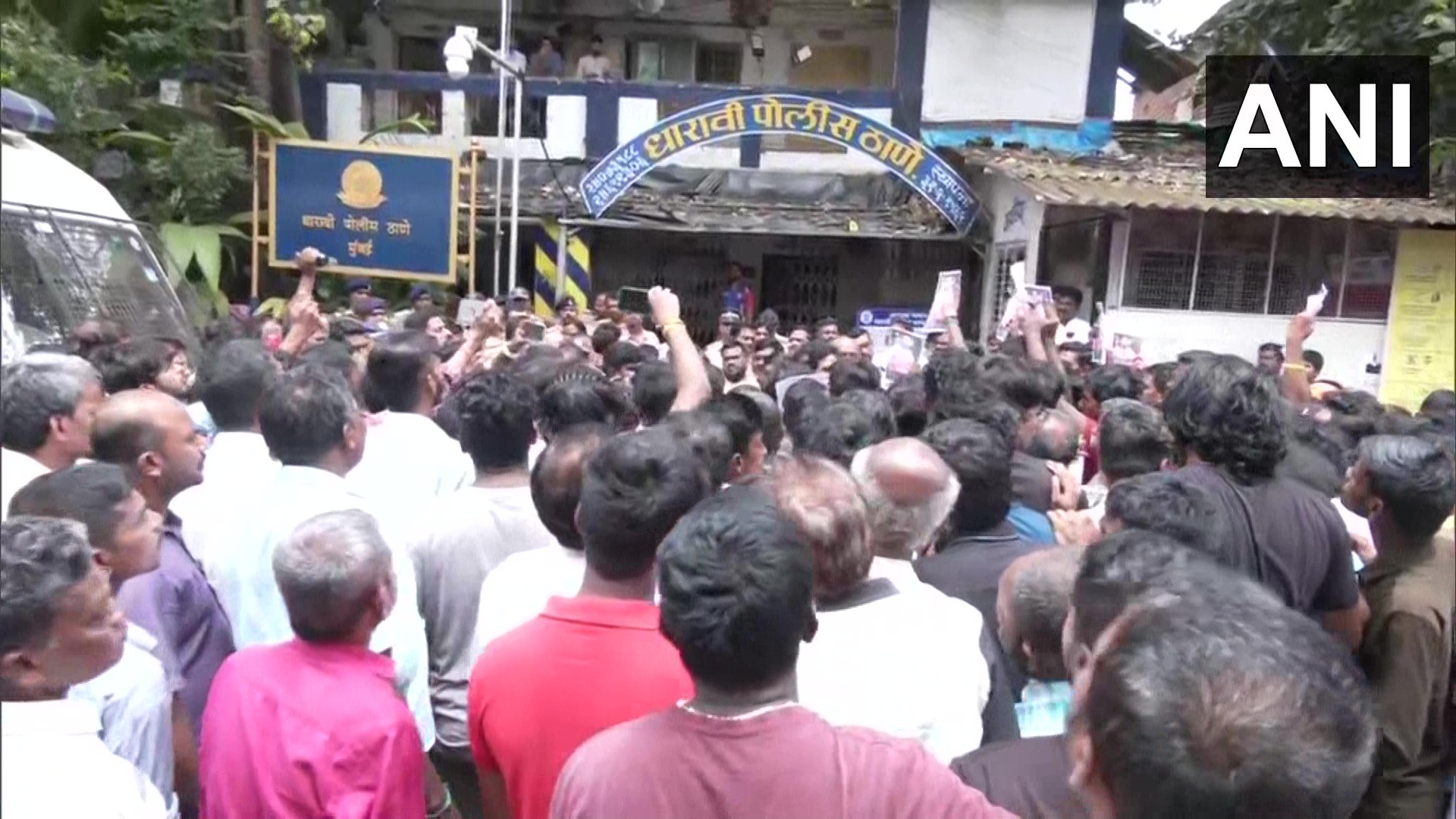 Crowd gathers outside Dharavi Police Station on Sunday. (ANI Twitter) Crowd gathers outside Dharavi Police Station on Sunday. (ANI Twitter)