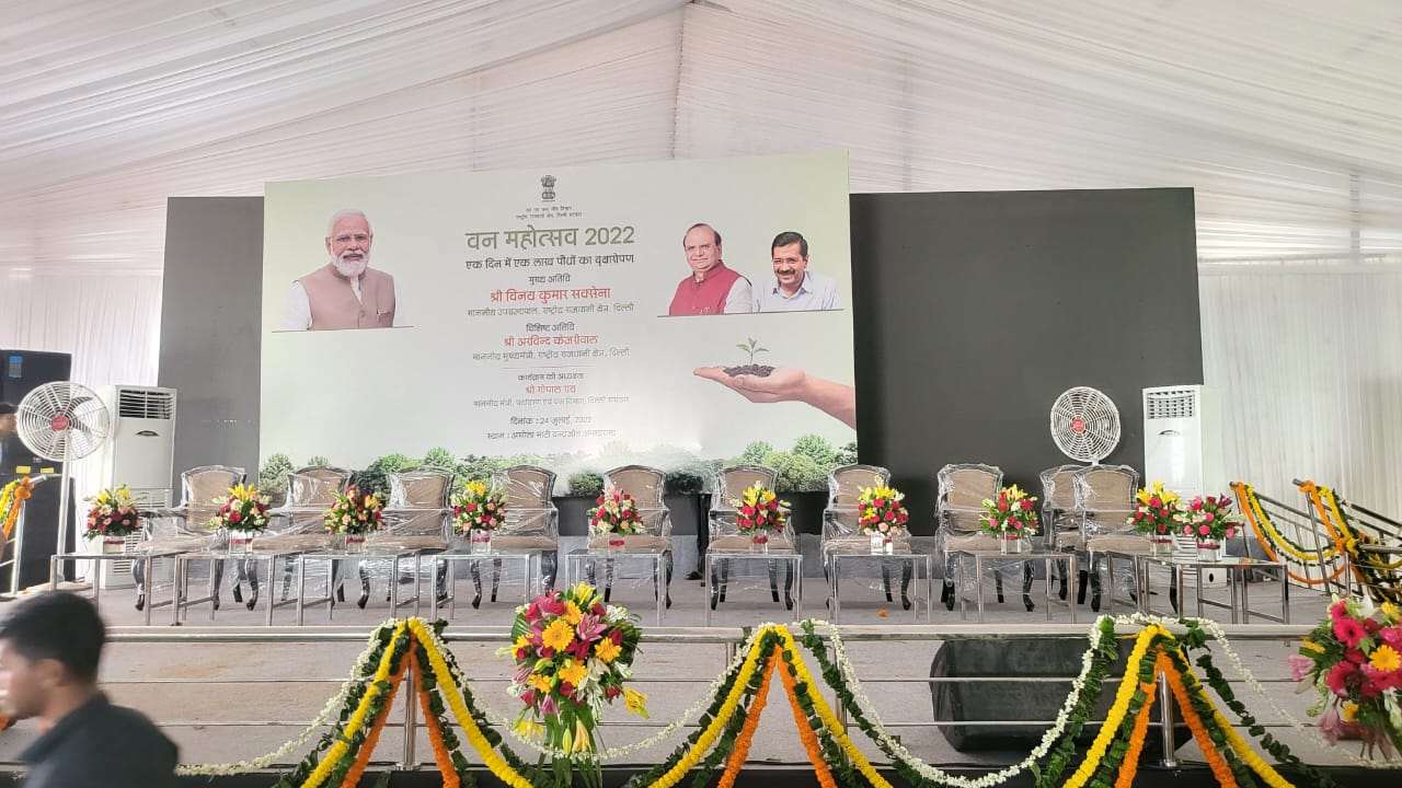 Minister Gopal Rai the Delhi Police put up banners carrying pictures of the PM at the venue. (Twitter @AamAadmiParty) Minister Gopal Rai the Delhi Police put up banners carrying pictures of the PM at the venue. (Twitter @AamAadmiParty)