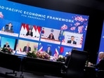 U.S. President Joe Biden listens to other leaders joining the Indo-Pacific Economic Framework for Prosperity (IPEF) launch event virtually, at Izumi Garden Gallery in Tokyo, Japan, May 23, 2022.&nbsp;