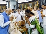 President Droupadi Murmu exchanges greetings with Prime Minister Narendra Modi during her oath-taking ceremony on Monday. President Droupadi Murmu exchanges greetings with Prime Minister Narendra Modi during her oath-taking ceremony on Monday. 