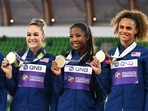 Gold medallists USA's Talitha Diggs, Abby Steiner, Britton Wilson and Sydney McLaughlin pose on the podium during the medal ceremony for the women's 4x400m relay during the World Athletics Championships.(AFP) Gold medallists USA's Talitha Diggs, Abby Steiner, Britton Wilson and Sydney McLaughlin pose on the podium during the medal ceremony for the women's 4x400m relay during the World Athletics Championships.(AFP)