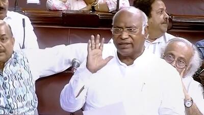 Congress leader Mallikarjun Kharge speaks in the Rajya Sabha during Parliament's Monsoon Session. (PTI)