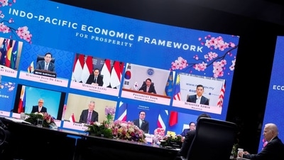 U.S. President Joe Biden listens to other leaders joining the Indo-Pacific Economic Framework for Prosperity (IPEF) launch event virtually, at Izumi Garden Gallery in Tokyo, Japan, May 23, 2022.&nbsp; (Reuters)
