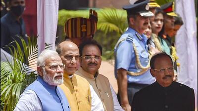 (From left) Prime Minister Narendra Modi, Union defence minister Rajnath Singh, MoS (defence) Ajay Bhatt and national security advisor Ajit Doval in New Delhi on Monday. (PTI Photo)