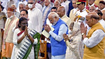 Prime Minister Narendra Modi attends the swearing-in ceremony of President, Droupadi Murmu, at Central Hall of Parliament on Monday. (ANI) Prime Minister Narendra Modi attends the swearing-in ceremony of President, Droupadi Murmu, at Central Hall of Parliament on Monday. (ANI)