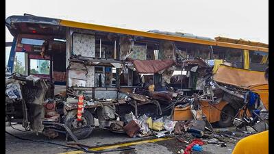 Wreckage of a bus after a Delhi-bound bus rammed into another bus, parked on the Purvanchal Expressway, in Barabanki, Monday. (PTI Photo) Wreckage of a bus after a Delhi-bound bus rammed into another bus, parked on the Purvanchal Expressway, in Barabanki, Monday. (PTI Photo)