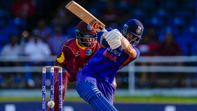 India's Axar Patel plays a shot against West Indies during the second ODI cricket match at Queen's Park Oval in Port of Spain. (AP) India's Axar Patel plays a shot against West Indies during the second ODI cricket match at Queen's Park Oval in Port of Spain. (AP)