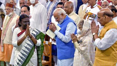 Prime Minister Narendra Modi at the swearing-in ceremony of President Droupadi Murmu, at Central Hall of Parliament, in New Delhi on Monday. (ANI) Prime Minister Narendra Modi at the swearing-in ceremony of President Droupadi Murmu, at Central Hall of Parliament, in New Delhi on Monday. (ANI)