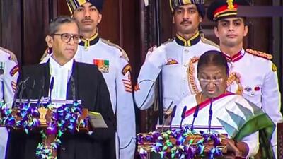Droupadi Murmu was sworn-in as the 15th President of India by Chief Justice of India NV Ramana in the central hall of Parliament on Monday. (PTI) Droupadi Murmu was sworn-in as the 15th President of India by Chief Justice of India NV Ramana in the central hall of Parliament on Monday. (PTI)