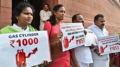 Congress MPs Manickam Tagore, TN Prathapan, Jothimani and Ramya Haridas after being suspended for rest of the session for allegedly disrupting proceedings in the Lok Sabha during the ongoing Monsoon Session of Parliament, in New Delhi on Monday. (PTI PHOTO.)