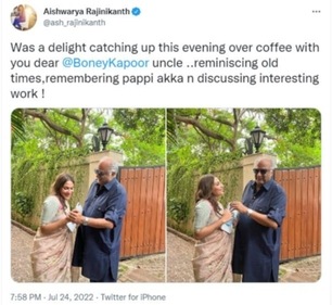 Aishwarya shared pictures from their meeting in the evening 'over coffee'.