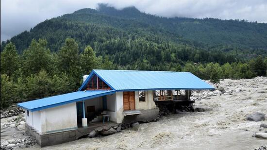 Flash floods lead to heavy damages for property in Solang Nullah, Manali, Himachal Pardesh. (Aqil Khan/HT )
