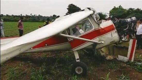 The aircraft reportedly run out of fuel and crash landed into an open field in Indapur tehsil of Pune district between 11.20 and 11.25am on Monday. (Video grab) The aircraft reportedly run out of fuel and crash landed into an open field in Indapur tehsil of Pune district between 11.20 and 11.25am on Monday. (Video grab)