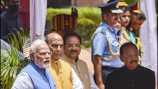 (From left) Prime Minister Narendra Modi, Union defence minister Rajnath Singh, MoS (defence) Ajay Bhatt and national security advisor Ajit Doval in New Delhi on Monday. (PTI Photo)