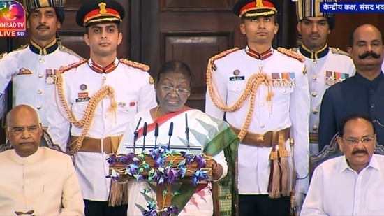 President Droupadi Murmu makes her first address in the Central Hall of Parliament.&nbsp;