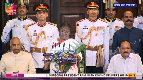 President Droupadi Murmu makes her first address in the Central Hall of Parliament.&nbsp;