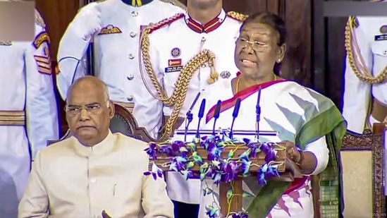 President Droupadi Murmu speaks after taking oath in the Central Hall of Parliament, in New Delhi. (PTI/@rashtrapatibhvn)