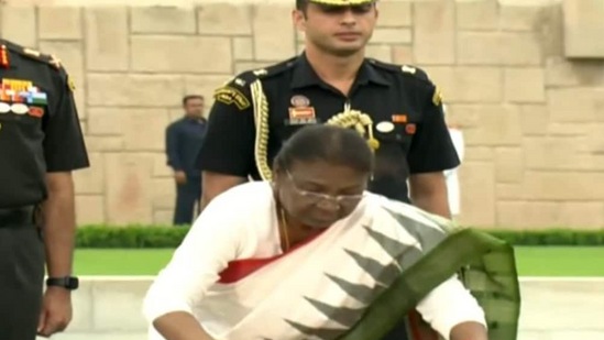 President-elect Droupadi Murmu at Rajghat in New Delhi ahead of swearing-in. (ANI)