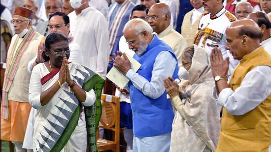 Prime Minister Narendra Modi at the swearing-in ceremony of President Droupadi Murmu, at Central Hall of Parliament, in New Delhi on Monday. (ANI)