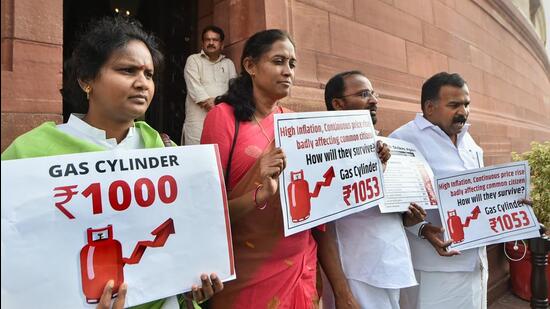 Congress MPs (from right) Manickam Tagore, TN Prathapan, Jothimani and Ramya Haridas protest outside Lok Sabha after being suspended for the rest of the day’s session for allegedly disrupting proceedings. (PTI Photo)