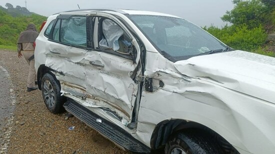 BJP leader and former J&amp;K minister Sham Lal Sharma's damaged vehicle following the accident. (Sourced by HT)