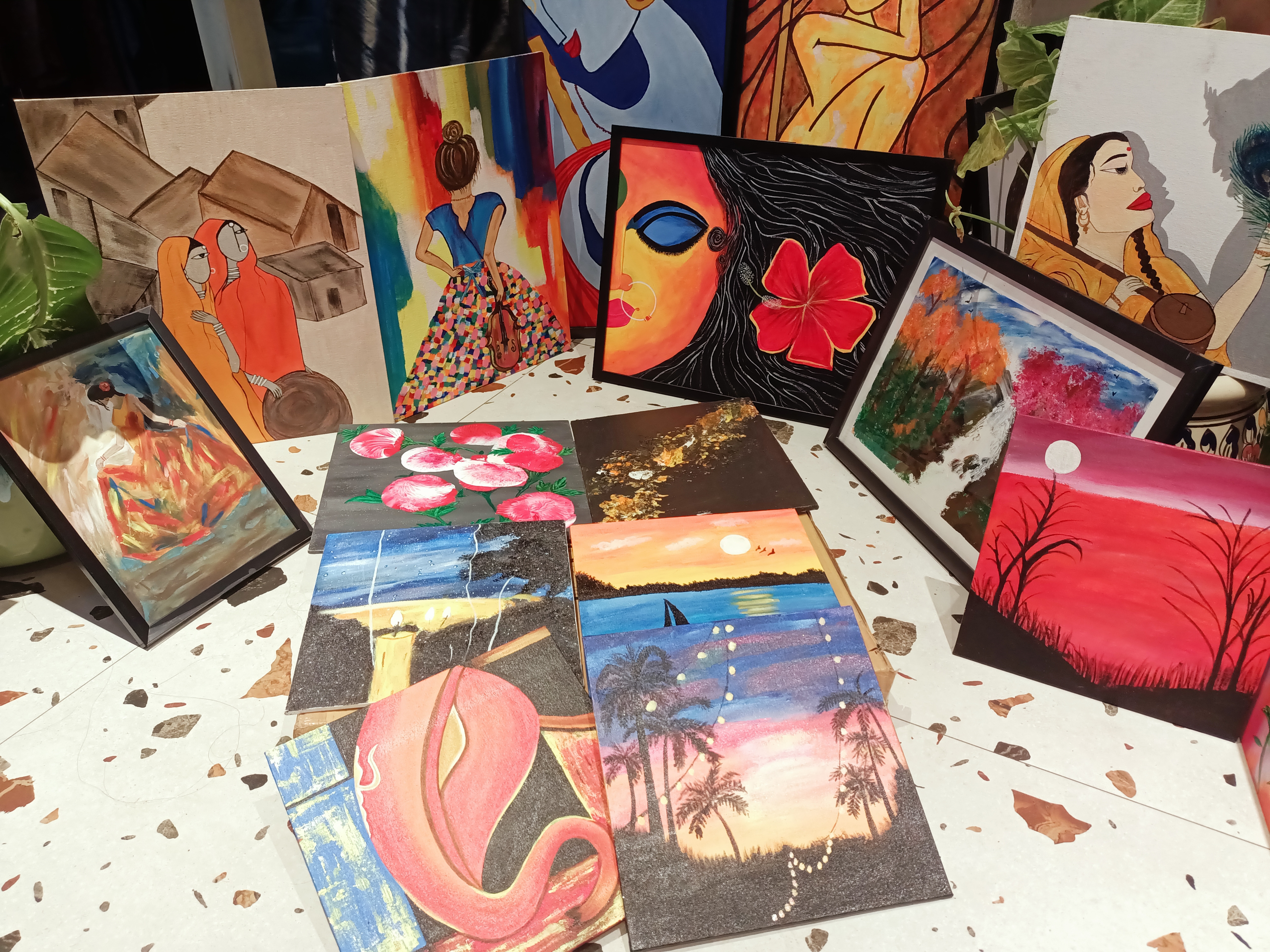 Acrylic paintings were also on sale