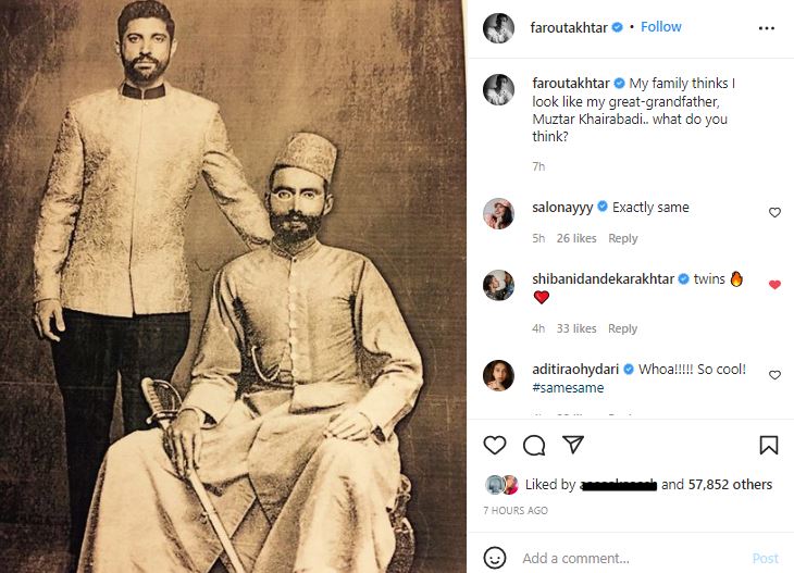 Farhan posted a photo in which his great-grandfather sat on a chair wearing ethnic wear.