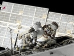 FILE - In this June 2, 2021 file image taken from Roscosmos video, Russian cosmonauts Oleg Novitsky, right, and Pyotr Dubrov, members of the crew to the International Space Station (ISS), perform their first spacewalk to replace old batteries outside the International Space Station. FILE - In this June 2, 2021 file image taken from Roscosmos video, Russian cosmonauts Oleg Novitsky, right, and Pyotr Dubrov, members of the crew to the International Space Station (ISS), perform their first spacewalk to replace old batteries outside the International Space Station. 