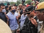 Congress MP and former president Rahul Gandhi being detained by police during party MPs' march to Rashtrapati Bhavan.(PTI) Congress MP and former president Rahul Gandhi being detained by police during party MPs' march to Rashtrapati Bhavan.(PTI)