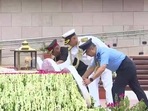 The three service chiefs lay wreaths at the National War Memorial in Delhi, on Kargil Vijay Diwas.