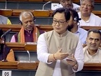 Union law and justice minister Kiren Rijiju speaks in the Lok Sabha during the monsoon session of Parliament, in New Delhi on Tuesday. (ANI Photo/Sansad TV) Union law and justice minister Kiren Rijiju speaks in the Lok Sabha during the monsoon session of Parliament, in New Delhi on Tuesday. (ANI Photo/Sansad TV)