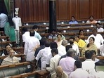 Opposition MPs stage a walkout in the Lok Sabha during the Monsoon Session of Parliament, in New Delhi on Tuesday. (ANI Photo/Sansad TV) Opposition MPs stage a walkout in the Lok Sabha during the Monsoon Session of Parliament, in New Delhi on Tuesday. (ANI Photo/Sansad TV)