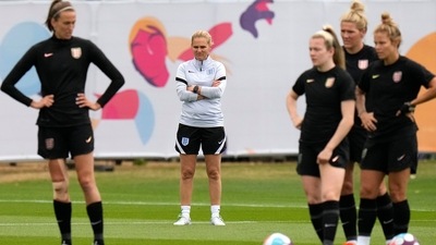 England's manager Sarina Wiegman looks at players during a training session ahead of the Women Euro 2022 semi final soccer match between England and Sweden, at The Lensbury training center in Teddington (AP) England's manager Sarina Wiegman looks at players during a training session ahead of the Women Euro 2022 semi final soccer match between England and Sweden, at The Lensbury training center in Teddington (AP)