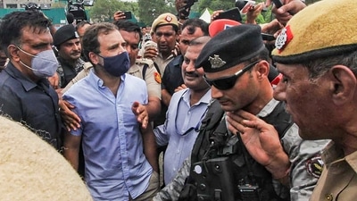 Police on Tuesday detained Congress leader Rahul Gandhi during MPs' march to Rashtrapati Bhavan to protest against the questioning of the party's interim president Sonia Gandhi by the Enforcement Directorate (ED) in the National Herald case. (PTI) Police on Tuesday detained Congress leader Rahul Gandhi during MPs' march to Rashtrapati Bhavan to protest against the questioning of the party's interim president Sonia Gandhi by the Enforcement Directorate (ED) in the National Herald case. (PTI)