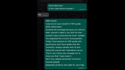 A screenshot of the conversation between the student and their tuition teacher who demoralised them. (Twitter/@hasmathaysha3) A screenshot of the conversation between the student and their tuition teacher who demoralised them. (Twitter/@hasmathaysha3)