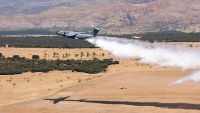 The aircraft's low-level flight capability and manoeuvrability at low speeds makes it capable of droping payloads of water at very low heights, down to 50 metres. (Michael Schoellhorn/Twitter) (Twitter)