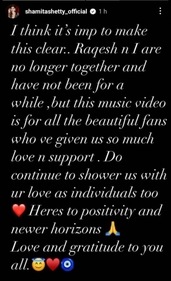 Shamita Shetty's note on Instagram Stories.