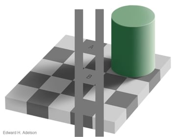 Checker shadow illusion with explanation. (Persci) Checker shadow illusion with explanation. (Persci)