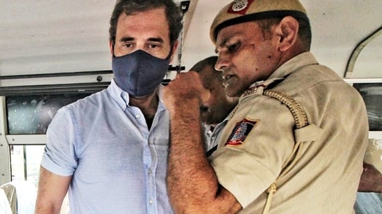 Congress leader Rahul Gandhi being detained by Delhi Police during a protest march from Parliament to Vijay Chowk over the ED questioning of Sonia Gandhi in the National Herald case, in New Delhi. (ANI Photo/Congress twitter)