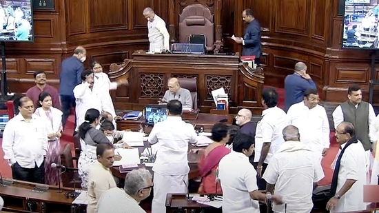 New Delhi, July 26 (ANI): Proceedings of Rajya Sabha adjourned following ruckus by Opposition MPs during the Monsoon Session of Parliament, in New Delhi on Tuesday. (ANI Photo/Sansad TV)(ANI)