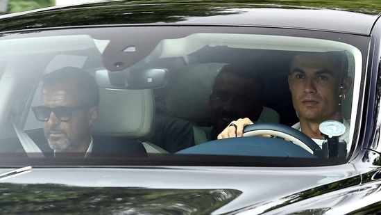 Manchester United's Cristiano Ronaldo arrives at Carrington Training Ground.(AP)