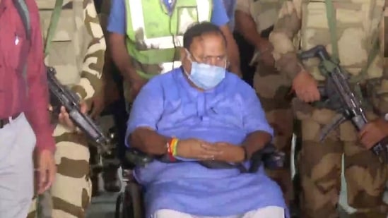 West Bengal minister Partha Chatterjee arrives at the Kolkata airport on Tuesday. (ANI Twitter)