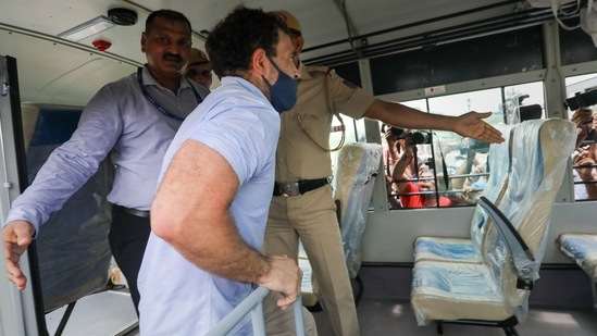 Rahul Gandhi was put in a police bus but officials did not disclose where he was being taken. Other Congress MPs at the Vijay Chowk protest site were detained and taken away in separate police buses.(PTI)